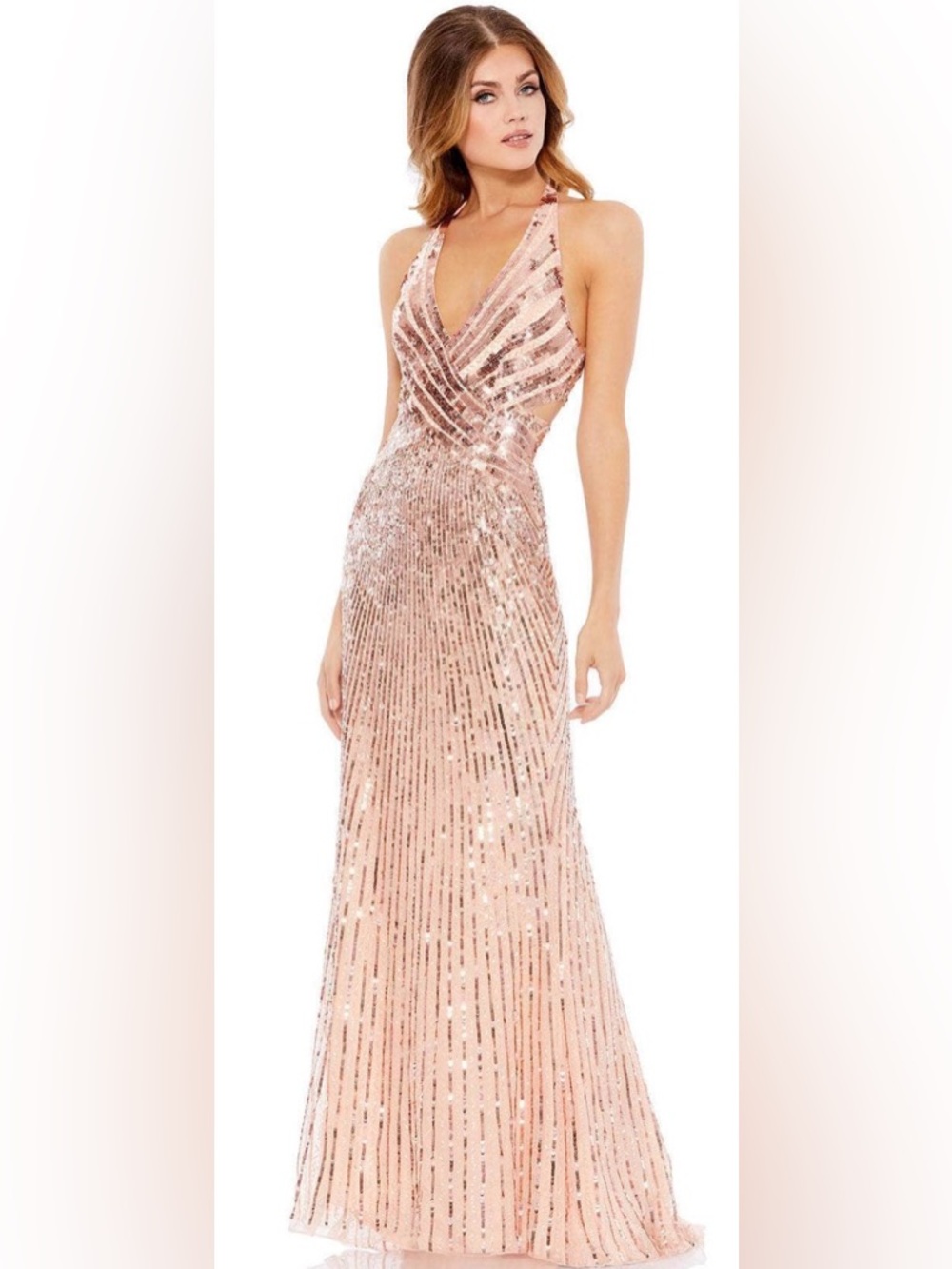 NWT Mac Duggal 5390 Rose Gold Sequin Halter Gown Open Back Formal Dress